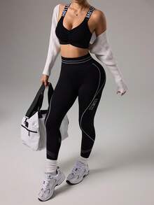 Dewbera 女士高腰无缝弹力运动紧身裤 - 黑色 - 查看 7