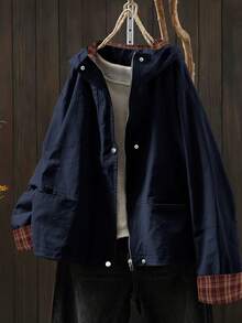 Linhara 大码纯色连帽休闲长袖外套