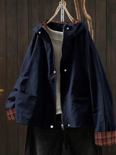 Linhara Plusstorlek Enfärgad Hoodad Casual Långärmad Jacka