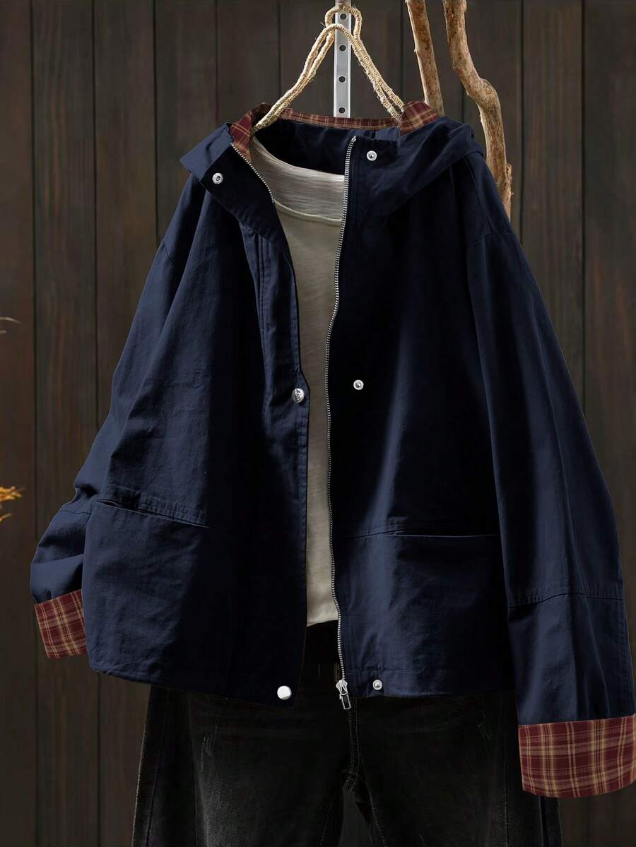 Linhara 大码纯色连帽休闲长袖外套