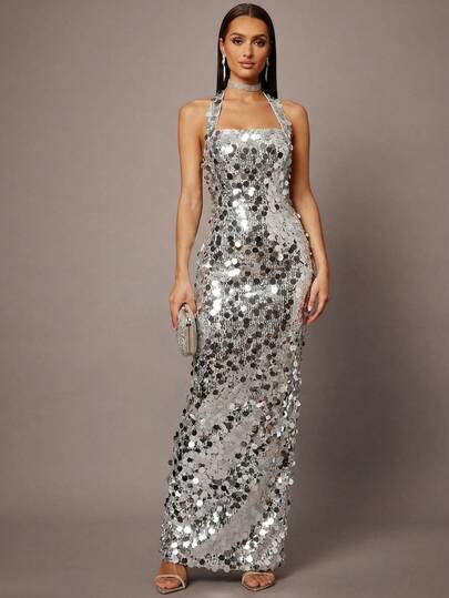 Silquee Women's Elegant Sequin Backless Halter Long Dress, Suitable For Party And Formal Occasions