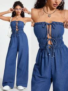 Jeanoix Bộ jumpsuit denim ống rộng gợi cảm, thắt dây phía trước, hở lưng, có bèo nhún dành cho nữ. - Màu xanh lam - Xem 7