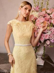 MOTF Soiréza WOMEN'S GUIPURE LACE EMBROIDERED LONG DRESS, FORMAL OCCASION CEREMONIAL DRESS - Yellow - View 7