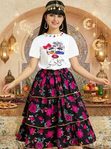 2pcs/Set Tween Girl Round Neck Puff Sleeve Colorful Rose Mask Print Top And Floral Print Cake Skirt, Suitable For Outings And Gatherings Skirt Set For Teens Skirt Set For Girls 2 Piece Sets Skirts Shirt With Skirt For Girls Printed Skirt - White - View 1