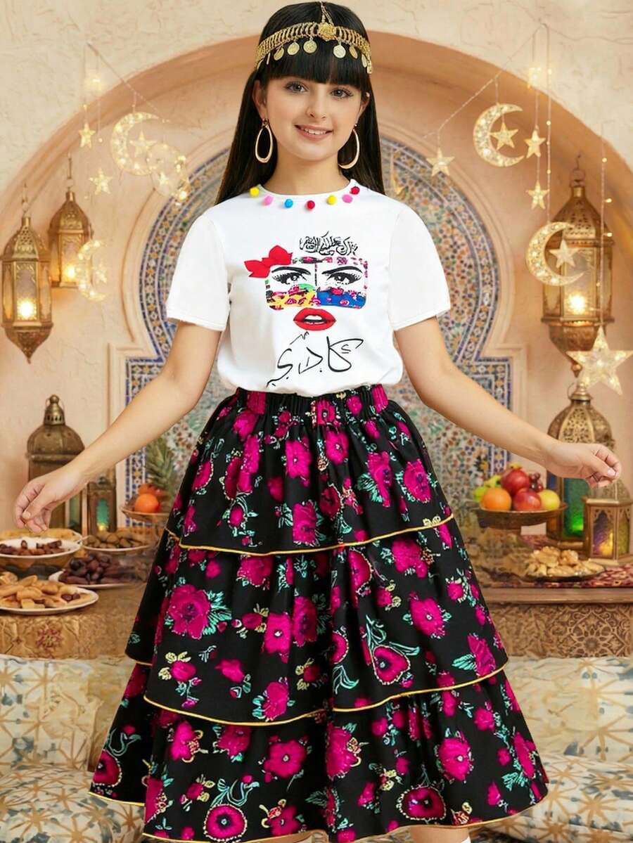 2pcs/Set Tween Girl Round Neck Puff Sleeve Colorful Rose Mask Print Top And Floral Print Cake Skirt, Suitable For Outings And Gatherings Skirt Set For Teens Skirt Set For Girls 2 Piece Sets Skirts Shirt With Skirt For Girls Printed Skirt - White - View 1