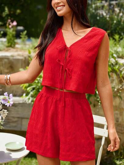 KARISMINA 女士时尚优雅度假/情人节两件套，女士上衣和宽松短裤，红色两件套，女士夏季服装，优雅女士套装，休闲女士服装，女士休闲套装，女士度假服装，红色亚麻短裤套装，女士连体裤，女士红色连体裤，女士夏季连体裤，女士两件套亚麻套装