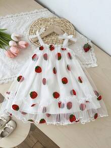 Playful Pals Toddler Baby Girl Elegant Embroidered Strawberry Mesh Strap Dress, Cute Fluffy For Baby Party, Gathering, Daily Wear - White - View 6