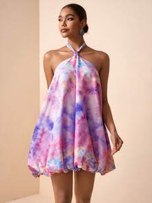 Zivah Women's Tie-Dye Halter Backless Casual Mini Dress, Suitable For Vacation And Travel - Multicolor - View 5