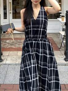 DAZY Women's Plaid V-Neck Ruched Vintage Elegant Dress, Suitable For Vacation And Dates Sundress Summer - Navy Blue - View 3