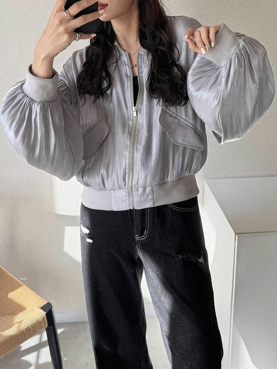 FRIFUL 女士纯色亮面透视网纱灯笼袖金属拉链宽松休闲百搭春季外套 - 灰色 - 查看 1