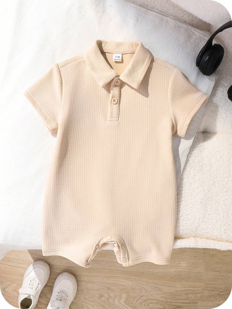 SHEIN 新生儿男/女宝宝柔软舒适休闲日常白色短袖针织连体衣,适合室内、室外、日常穿着、运动、玩耍、派对、拍照、度假、节日、婚礼、迎婴派对、洗礼和周岁生日等场合。 - 卡其色 - 查看 1