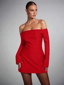 SHEIN BAE 优雅露肩纯色迷你连衣裙，通勤必备 - 紅色 - 查看 5