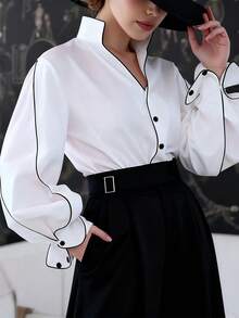 INAWLY Women's Elegant Casual Contrast Piping High Neck Lantern Sleeve Loose Blouse - White - View 3