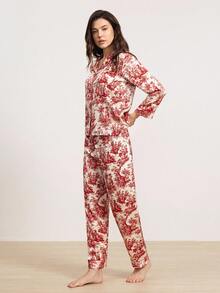 Hourtrue 2件組女款墨水印花冰絲睡衣套裝，簡約翻領長袖家居服套裝，兩件式套裝，秋冬服飾，聖誕節，休閒服，老錢風，夏季優雅穿搭 - 紅色 - 查看 6