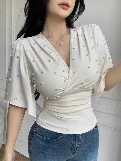 Celisse Apricot Crossover Neck Pearl Decor Elegant Women T-Shirt
