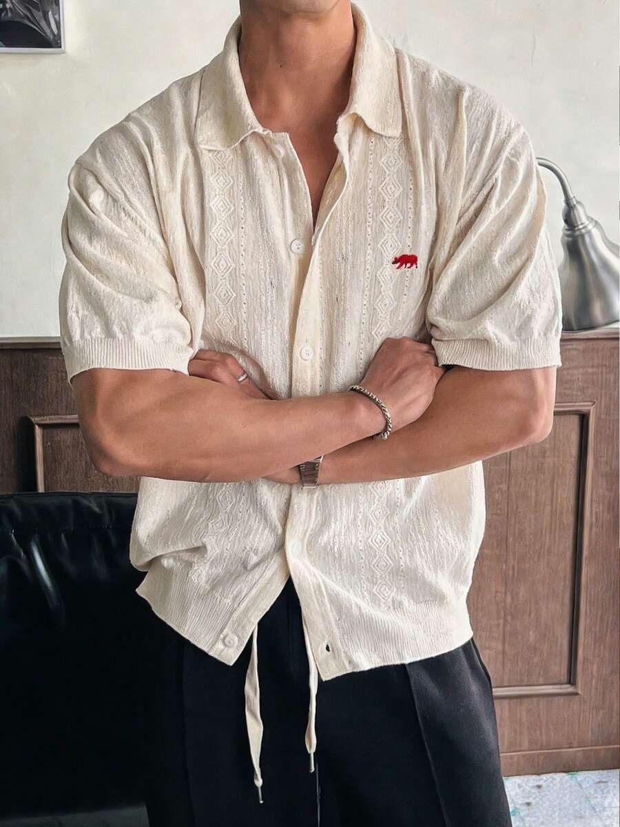 ESTAVOR 男士休闲宽松提花落肩短袖衬衫，米色