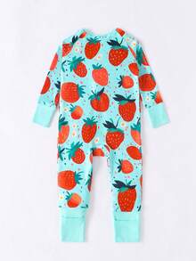 Infant & Baby Girl Cartoon Strawberry Print Zip-Front Long Sleeve Jumpsuit Pajamas (With Detachable Sleeve & Foot Covers) Snug Fit