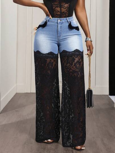 Slaydiva Pantalones vaqueros anchos de mujer con parches, de encaje transparente y sueltos para fiesta