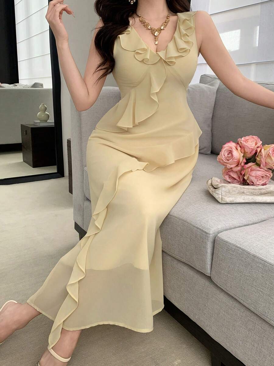 DAZY Đầm dài ngang gối không tay cổ chữ V xếp ly thanh lịch dành cho nữ, đầm dự tiệc cưới mùa hè. - Vàng nhạt - Xem 1
