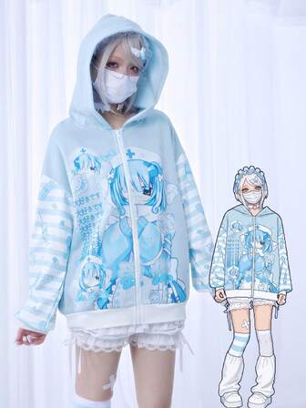 Kawaii Anime-Stil blau-weiß karierter Kontrast-Streifendruck Kapuzen-Loose-Fit Sweatshirt-Jacke