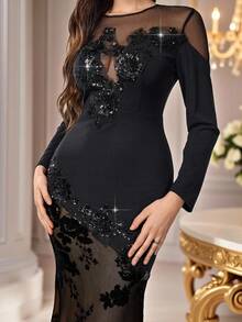 Coutiva Vestido de noche formal sexy y ajustado con cuello redondo, manga larga y transparente (muy enjoyado) - Granate - Ver 6