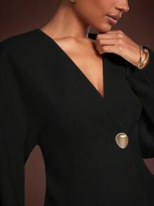 Hauture Women's Office Casual Elegant Low Front Neck With Barrel Sleeves Tweed Blazer - Black - View 6