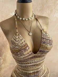 Soleia 新款复古棕色渐变V领露背修身连体裤，波西米亚风，度假风，复古风，假日风，海滩风，邮轮风 - 彩色 - 查看 4