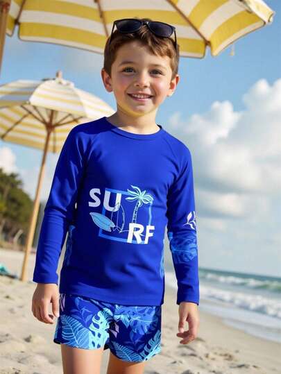 Conjunto de traje de baño de pantalón corto con estampado de hojas de manga larga para niños, protección solar para vacaciones en la playa