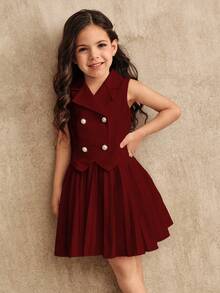 Elladie kids Young Girls Sleeveless Top & Pleated Skirt T-Shirt Set, Suitable For School, Outings And Other Occasions - Burgundy - View 7