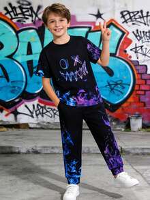 SHEIN 2 delar stickat set med rund hals, t-shirt och byxor för barn/pojkar, bekvämt och avslappnat, tryckt grafiskt - Multifärgad - Visa 6