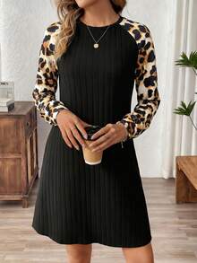 SHEIN LUNE Damen Leoparden-Muster Ärmel Spliced Country Rundhals Strickkleid - Schwarz - Übersicht 1