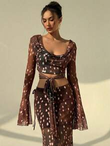 Aloruh 女士波点印花荷叶边领口喇叭袖打结腰部露脐上衣和鱼尾中长裙两件套 - 彩色 - 查看 6