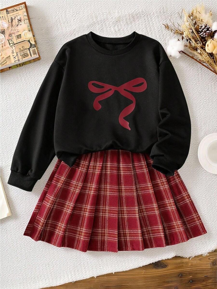 SHEIN 两件套 时尚休闲学院风女童杏色针织套头衫(带蝴蝶结印花)搭配红色格子迷你裙,适合户外、旅行、街头、休闲、居家、学校、日常搭配 - 黑色 - 查看 1