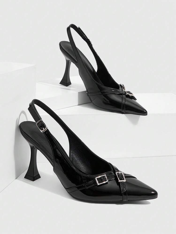 CUCCOO SZL Women's High Heels Pointed 9CM Elegant Wine Glass Heel Women's Cute Bow Kitten Heel Stiletto High Heels PU Mirror Texture Back Strap Easy To Wear Buckle Women's Black High Heels For Daily/Party/Dating/Office/Party Dance/Women's Shoes Valentine's Day