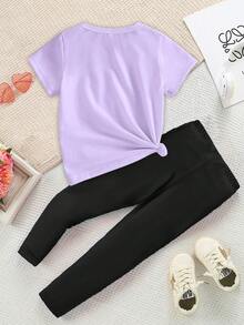 春夏女童休闲时尚创意个性清新简约可爱虚拟少女组合卡通人物彩色星星图案字母印花T恤和打底裤两件套，舒适日常穿着，温暖的夏秋风格，适合春、夏、秋季穿着。 - 彩色 - 查看 2