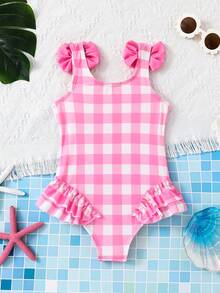 SHEIN Young Girls/Young Girl Cute Bow-Decorated Ruffled One-Piece Swimsuit,Light Pink Plaid Swimsuit
