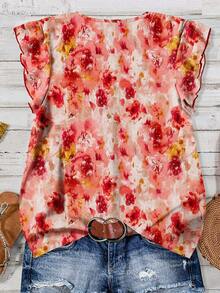 Rusticease 女士V领纽扣短袖碎花休闲衬衫，适合夏季、情人节、夏季上衣、春季女士休闲衬衫、休闲装 - 彩色 - 查看 3