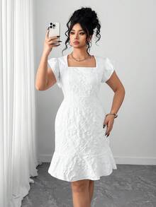 Đầm công sở Elenzga cỡ lớn, cổ vuông, tay ngắn, chất liệu jacquard thanh lịch, thích hợp cho mùa hè. - trắng - Xem 3
