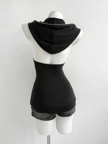 Elamini Y2K风格无袖长款连帽修身针织外套，带铆钉装饰，春夏款