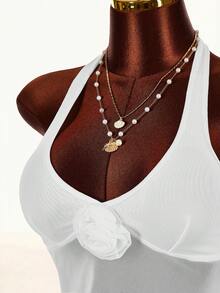 Amplova 2026早春新款露脐流苏白玫瑰衬衫和低腰A字裙女士两件套 - 白色 - 查看 6