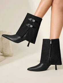 CUCCOO CHICEST Women's Fashion Versatile Commuter Buckle Pointed Toe High Heel Boots Valentine's Day - Black - View 5