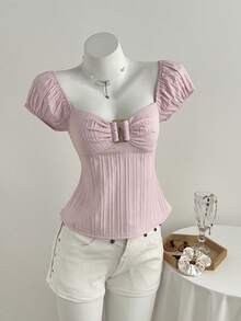 Elamini Women's Pink Striped Square Collar Puff Sleeve Blouse - Pink - View 5