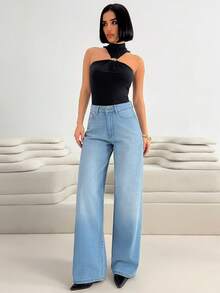 EURMUSE Casual Versatile Commuting Washed Wide-Leg Jeans - Dark Wash - View 3