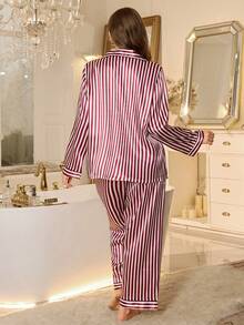 MuseNap CURVE Bộ đồ ngủ cỡ lớn in sọc, tay dài và quần, thích hợp mặc ở nhà. - Đỏ và trắng - Xem 3