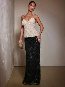 SHEIN BAE Women's Elegant Party Embroidered Sequin Skirt - Black - View 8