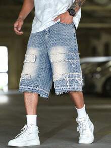 Manfinity Roughcore Thời trang đường phố mùa hè dành cho nam giới: Quần short denim ống rộng, rách gấu, dáng rộng, quần short họa tiết, quần short denim nam, quần short denim tua rua sáng tạo, quần short denim vá, quần short denim rách màu tương phản, quần short denim nam thường ngày. - Rửa nhẹ - Xem 6