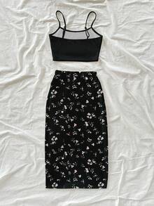 Soleia 女士两件套休闲碎花连衣裙和黑色背心套装，适合夏季度假 - 彩色 - 查看 2