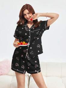 Bonmuse 心形印花撞色滚边睡衣套装 - 黑色 - 查看 7