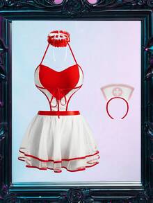 Fantasy Costume 超大爱心护士服双层蛋糕裙，浪漫情人节礼物，适合酒吧、派对、化装舞会、女士服装 - 紅白色 - 查看 6