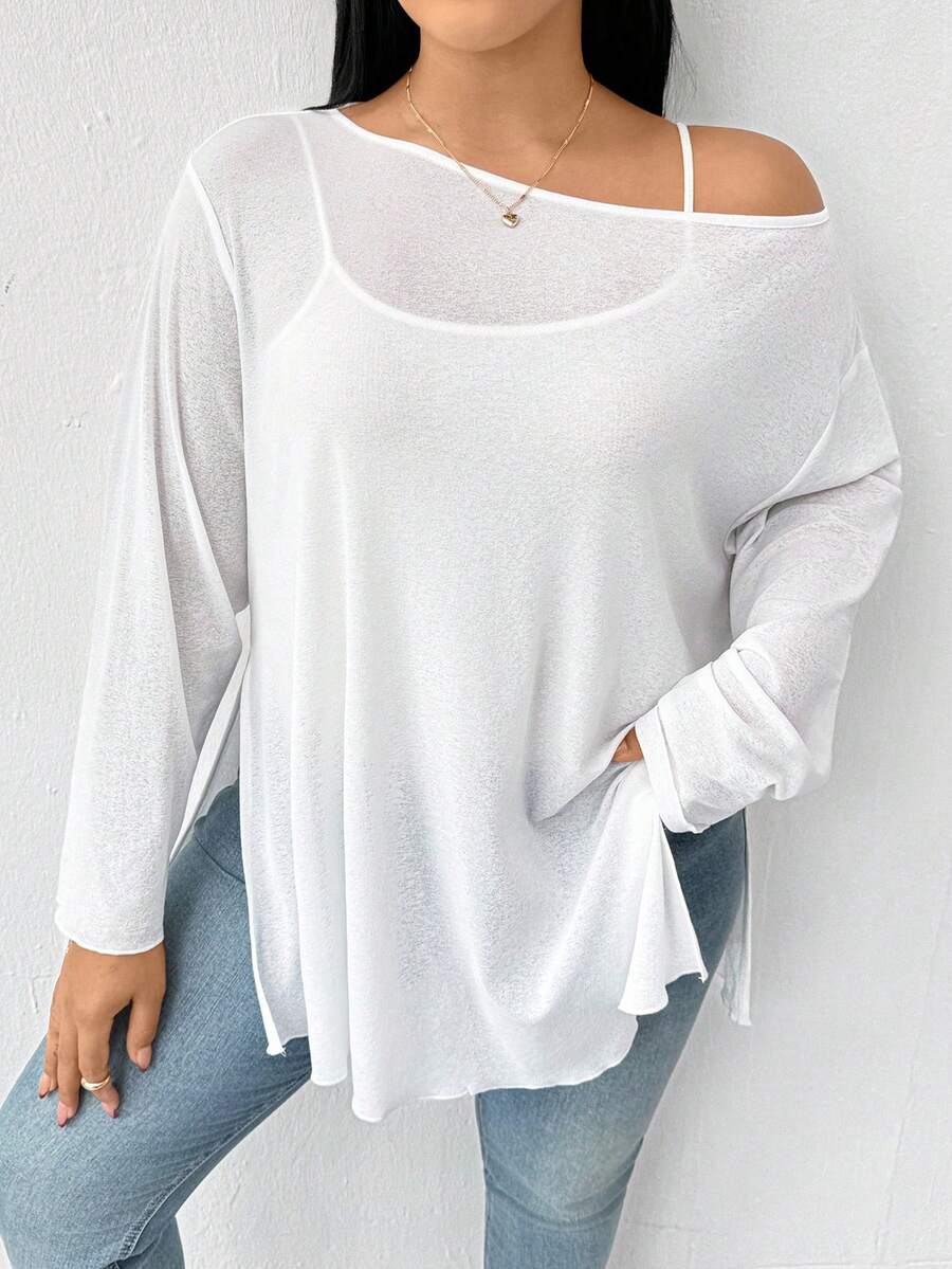 Shapeblank Plus-Size Women's Spring/Summer Fashion Casual Loose Comfortable Everyday Versatile Slimming See-Through Sun Protection White Long-Sleeved Cover-Up,Spring,White Tops,Vacation - White - View 1
